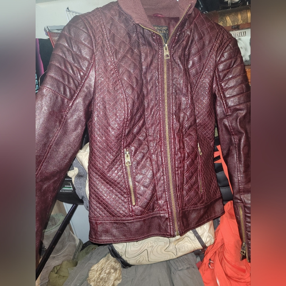 Guess Burgundy Faux Leather Jacket